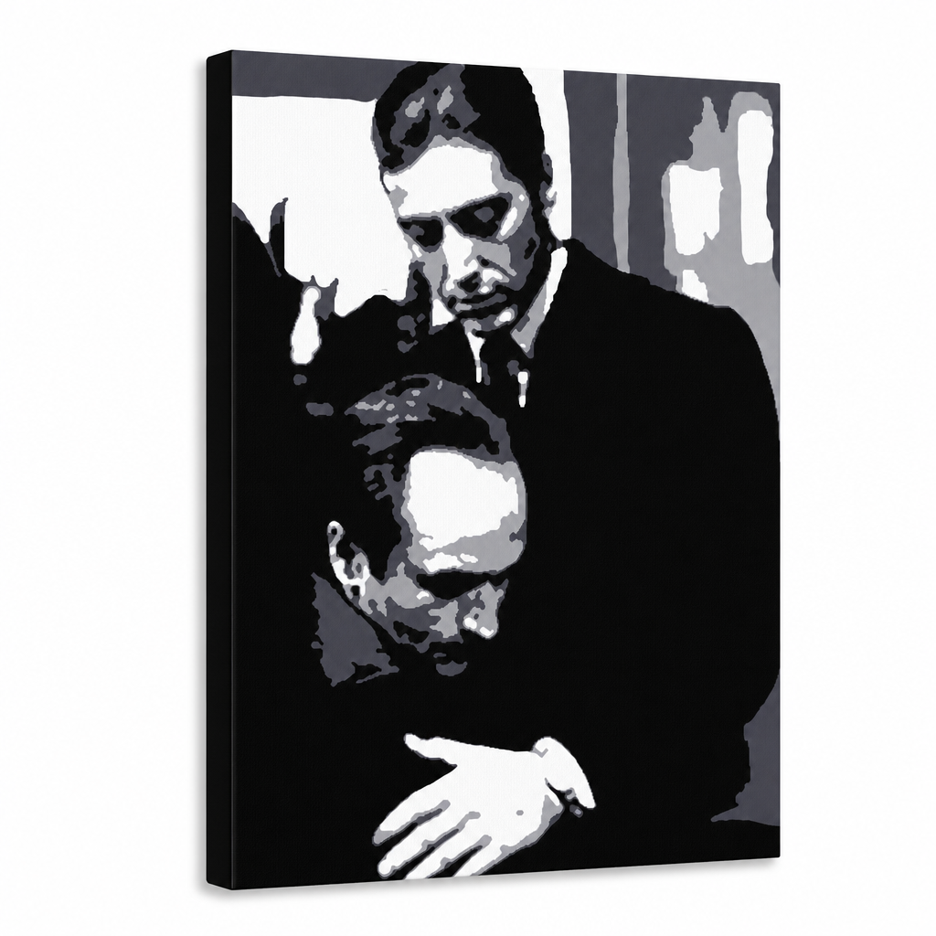 Χειροποίητος πίνακας ζωγραφικής POP Art Godfather 1 κομμάτι god5 – Τρισδιάστατη απεικόνιση του χειροποίητα ζωγραφισμένου καμβά σε λευκό φόντο. Κυρίαρχα χρώματα: μαύρο, λευκό, γκρι.