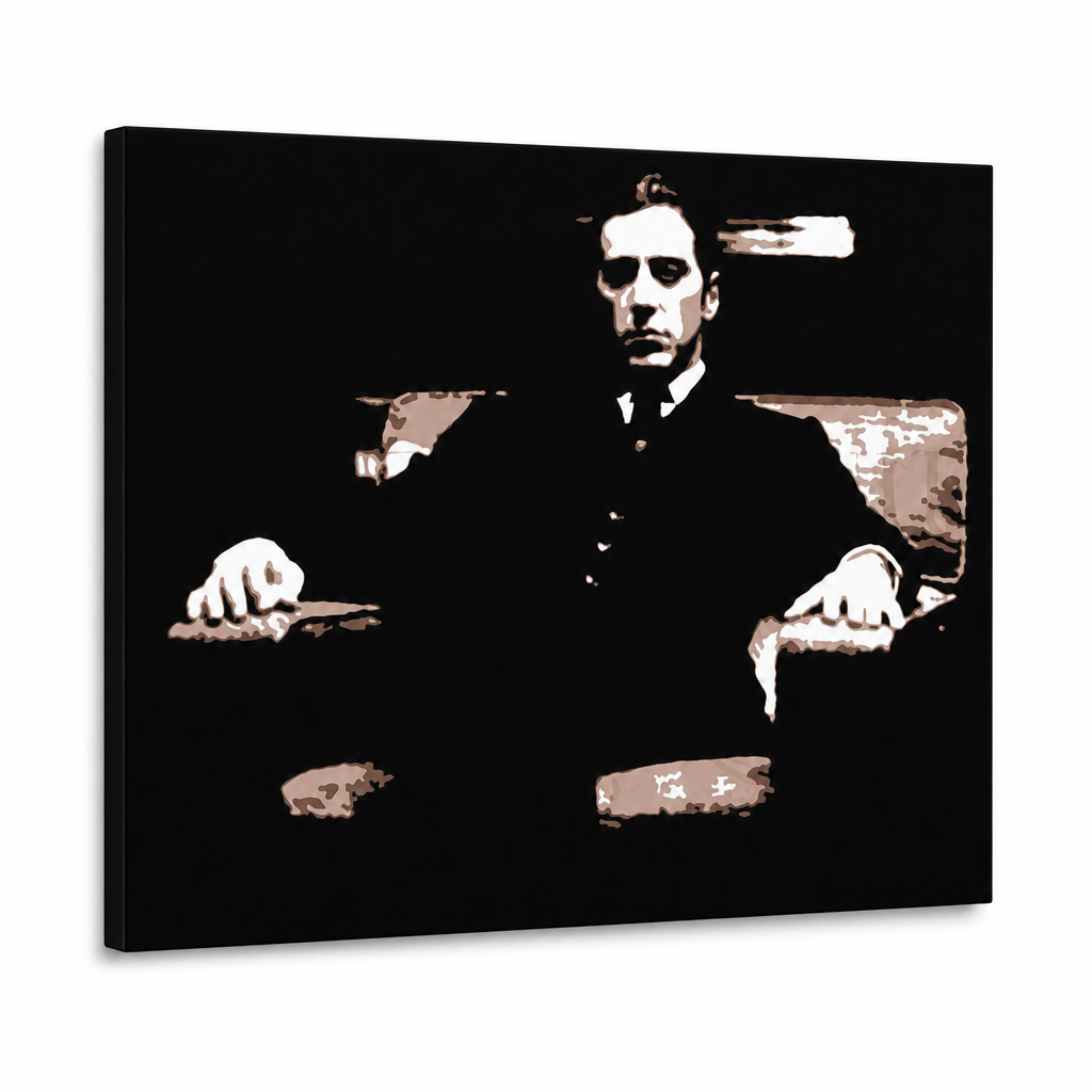 Χειροποίητος πίνακας ζωγραφικής POP Art Godfather 1 κομμάτι god9 – Τρισδιάστατη απεικόνιση του χειροποίητα ζωγραφισμένου καμβά σε λευκό φόντο. Κυρίαρχα χρώματα: μαύρο, καφέ, λευκό.