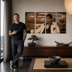 Χειροποίητος πίνακας ζωγραφικής POP Art HAVANA - AL PACINO 4 τεμάχια al17 – πίνακας σε μοντέρνο αντρικό εσωτερικό, lifestyle απεικόνιση. Κυρίαρχα χρώματα: καφέ, μπεζ, μαύρο.