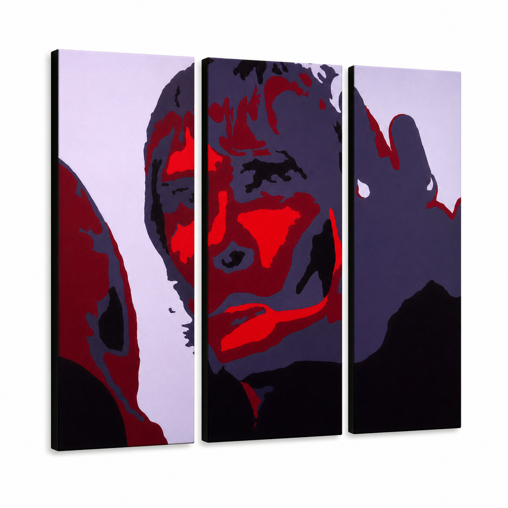 Χειροποίητος πίνακας ζωγραφικής POP Art Ian Brown 3 piece ib – Τρισδιάστατη απεικόνιση του χειροποίητα ζωγραφισμένου καμβά σε λευκό φόντο. Κυρίαρχα χρώματα: μαύρο, κόκκινο, γκρι.