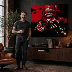 Χειροποίητος πίνακας ζωγραφικής POP Art Iron Maiden 1 piece im – πίνακας σε μοντέρνο αντρικό εσωτερικό, lifestyle απεικόνιση. Κυρίαρχα χρώματα: κόκκινο, μαύρο, λευκό.