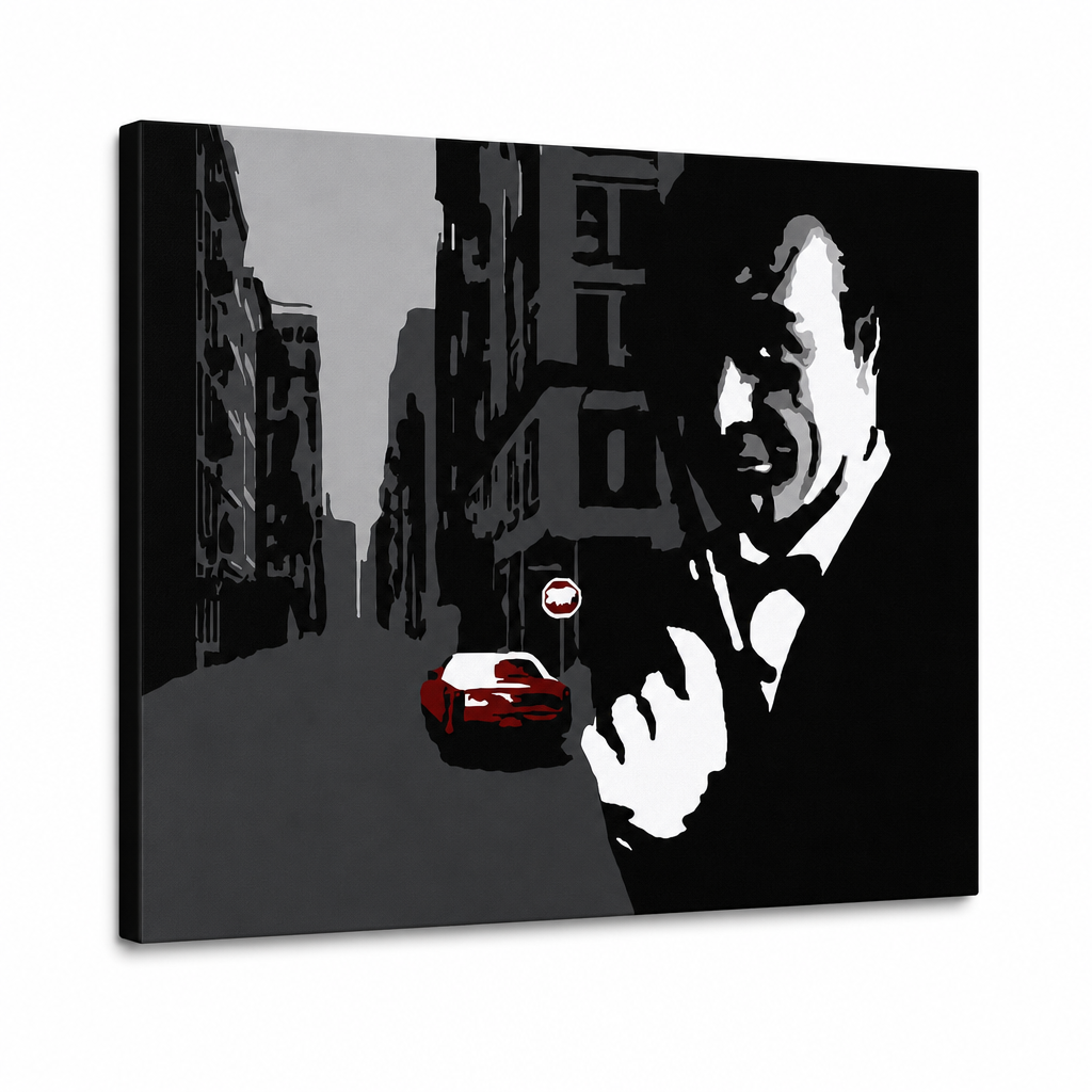 Χειροποίητος πίνακας ζωγραφικής POP Art James Bond 1 μέρος bond3 – Τρισδιάστατη απεικόνιση του χειροποίητα ζωγραφισμένου καμβά σε λευκό φόντο. Κυρίαρχα χρώματα: μαύρο, γκρι, κόκκινο.
