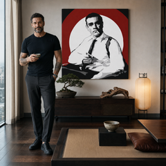 Χειροποίητος πίνακας ζωγραφικής POP Art James Bond 1 μέρος bond4 – πίνακας σε μοντέρνο αντρικό εσωτερικό, lifestyle απεικόνιση. Κυρίαρχα χρώματα: μαύρο, λευκό, κόκκινο.