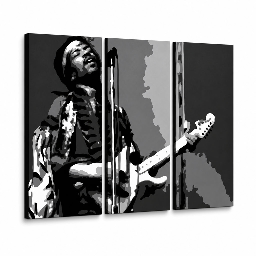 Χειροποίητος πίνακας ζωγραφικής POP Art Jimmy Hendrix 3 piece jh – Τρισδιάστατη απεικόνιση του χειροποίητα ζωγραφισμένου καμβά σε λευκό φόντο. Κυρίαρχα χρώματα: μαύρο, λευκό, γκρι.