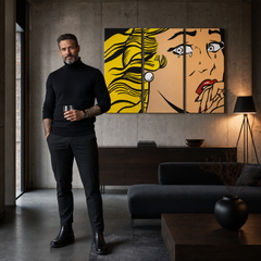 Χειροποίητος πίνακας ζωγραφικής POP Art LICHTENSTEIN 3 τεμάχια li3/x2 – πίνακας σε μοντέρνο αντρικό εσωτερικό, lifestyle απεικόνιση. Κυρίαρχα χρώματα: κίτρινο, μαύρο, ροζ.
