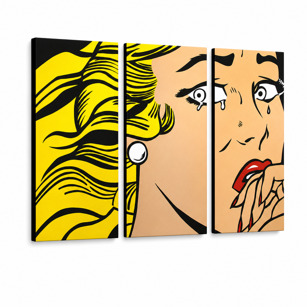 Χειροποίητος πίνακας ζωγραφικής POP Art LICHTENSTEIN 3 τεμάχια li3/x2 – Τρισδιάστατη απεικόνιση του χειροποίητα ζωγραφισμένου καμβά σε λευκό φόντο. Κυρίαρχα χρώματα: κίτρινο, μαύρο, ροζ.