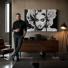 Χειροποίητος πίνακας ζωγραφικής POP Art MADONNA 3 τεμαχίων ma2 – πίνακας σε μοντέρνο αντρικό εσωτερικό, lifestyle απεικόνιση. Κυρίαρχα χρώματα: μαύρο, γκρι, λευκό.