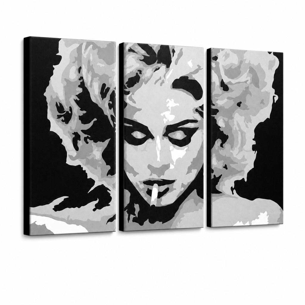 Χειροποίητος πίνακας ζωγραφικής POP Art MADONNA 3 τεμαχίων ma2 – Τρισδιάστατη απεικόνιση του χειροποίητα ζωγραφισμένου καμβά σε λευκό φόντο. Κυρίαρχα χρώματα: μαύρο, γκρι, λευκό.