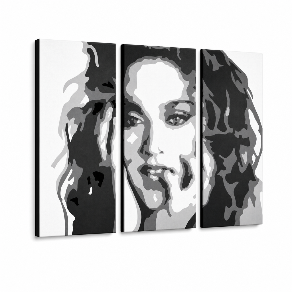 Χειροποίητος πίνακας ζωγραφικής POP Art MADONNA 3 τεμαχίων ma3 – Τρισδιάστατη απεικόνιση του χειροποίητα ζωγραφισμένου καμβά σε λευκό φόντο. Κυρίαρχα χρώματα: μαύρο, λευκό, γκρι.