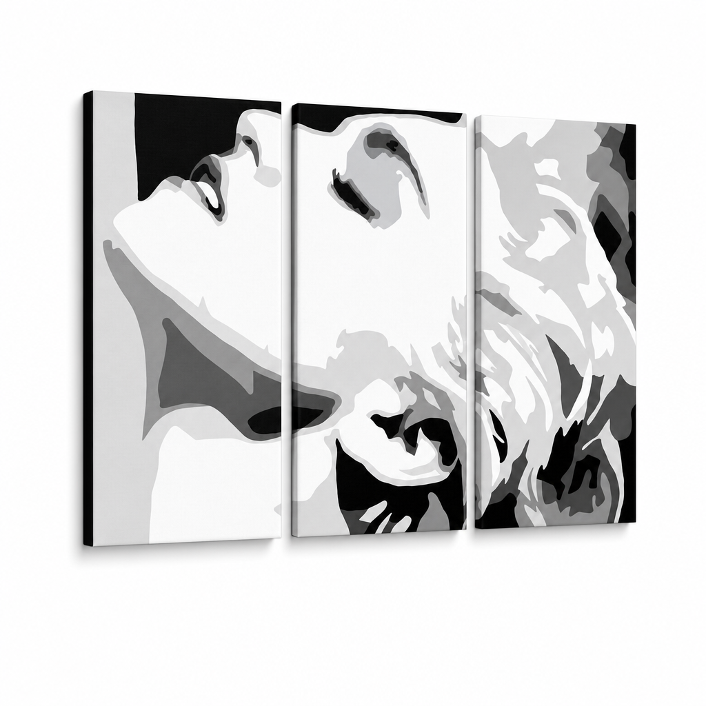 Χειροποίητος πίνακας ζωγραφικής POP Art MADONNA 3 τεμαχίων ma5 – Τρισδιάστατη απεικόνιση του χειροποίητα ζωγραφισμένου καμβά σε λευκό φόντο. Κυρίαρχα χρώματα: bielá, μαύρο, γκρι.