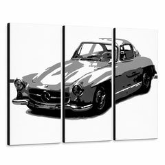Χειροποίητος πίνακας ζωγραφικής POP Art MERCEDES SL300 3 piece mer – Τρισδιάστατη απεικόνιση του χειροποίητα ζωγραφισμένου καμβά σε λευκό φόντο. Κυρίαρχα χρώματα: μαύρο, λευκό, γκρι.
