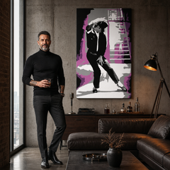 Χειροποίητος πίνακας ζωγραφικής POP Art Michael Jackson 1 τεμάχιο mj3 – πίνακας σε μοντέρνο αντρικό εσωτερικό, lifestyle απεικόνιση. Κυρίαρχα χρώματα: μαύρο, ροζ, γκρι, λευκό.