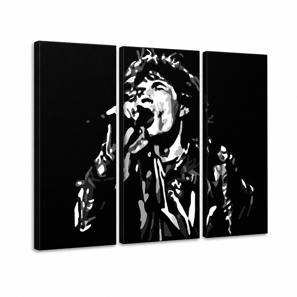 Χειροποίητος πίνακας ζωγραφικής POP Art Mick Jagger 3 τεμαχίων mick – Τρισδιάστατη απεικόνιση του χειροποίητα ζωγραφισμένου καμβά σε λευκό φόντο. Κυρίαρχα χρώματα: μαύρο, λευκό, γκρι.