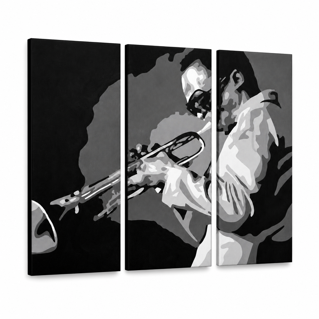 Χειροποίητος πίνακας ζωγραφικής POP Art Miles Davis 3 piece md – Τρισδιάστατη απεικόνιση του χειροποίητα ζωγραφισμένου καμβά σε λευκό φόντο. Κυρίαρχα χρώματα: μαύρο, λευκό, γκρι.