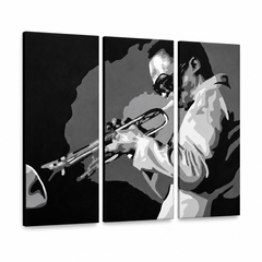 Χειροποίητος πίνακας ζωγραφικής POP Art Miles Davis 3 piece md – Τρισδιάστατη απεικόνιση του χειροποίητα ζωγραφισμένου καμβά σε λευκό φόντο. Κυρίαρχα χρώματα: μαύρο, λευκό, γκρι.