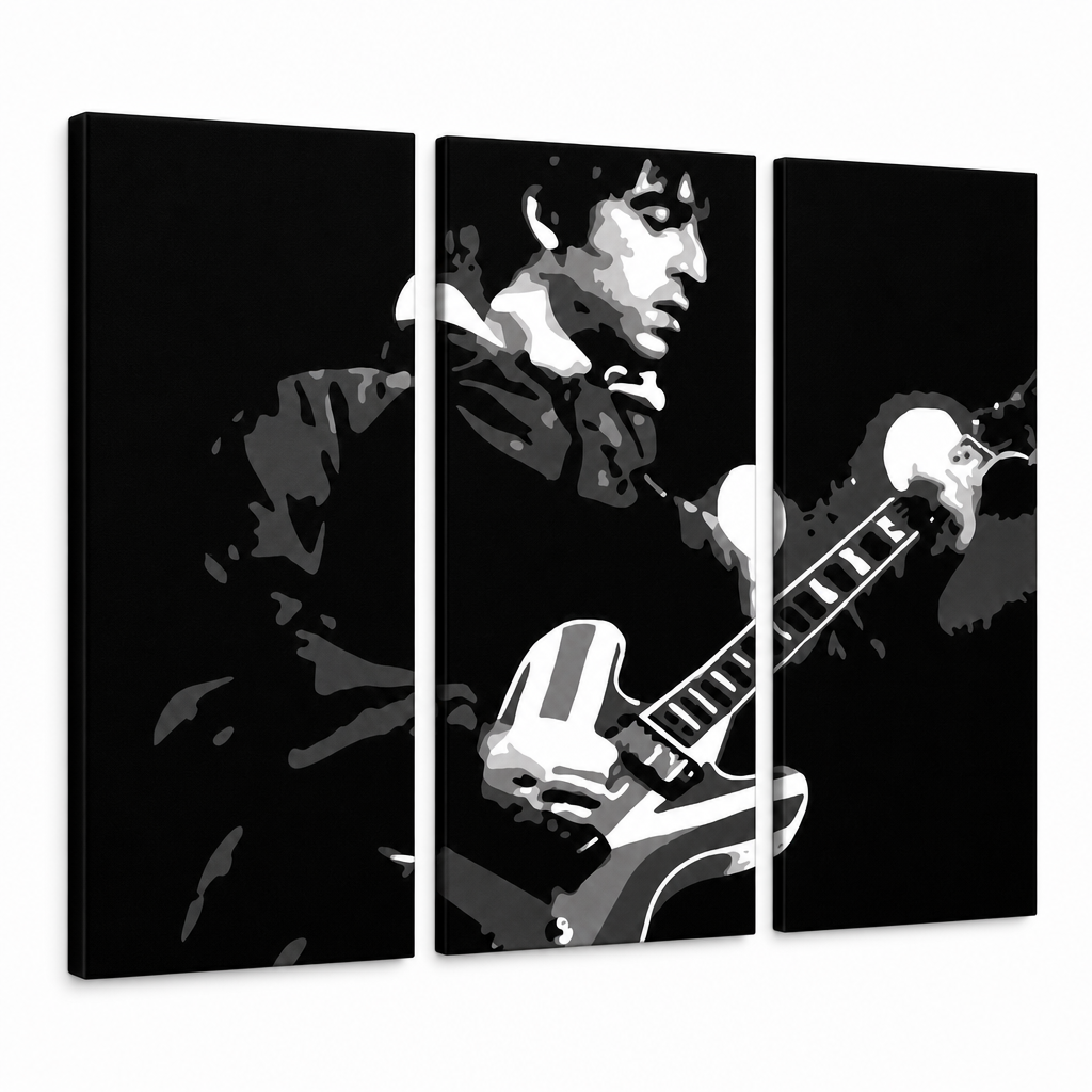 Χειροποίητος πίνακας ζωγραφικής POP Art Oasis 3 τεμαχίων oa2 – Τρισδιάστατη απεικόνιση του χειροποίητα ζωγραφισμένου καμβά σε λευκό φόντο. Κυρίαρχα χρώματα: μαύρο, γκρι, λευκό, strieborná.