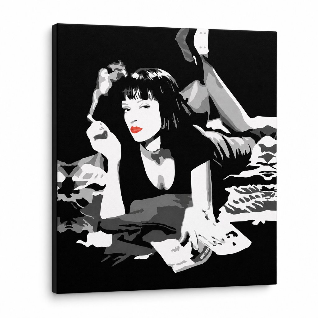 Χειροποίητος πίνακας ζωγραφικής POP Art PULP FICTION 1 κομμάτι pulp6 – Τρισδιάστατη απεικόνιση του χειροποίητα ζωγραφισμένου καμβά σε λευκό φόντο. Κυρίαρχα χρώματα: μαύρο, λευκό, κόκκινο.