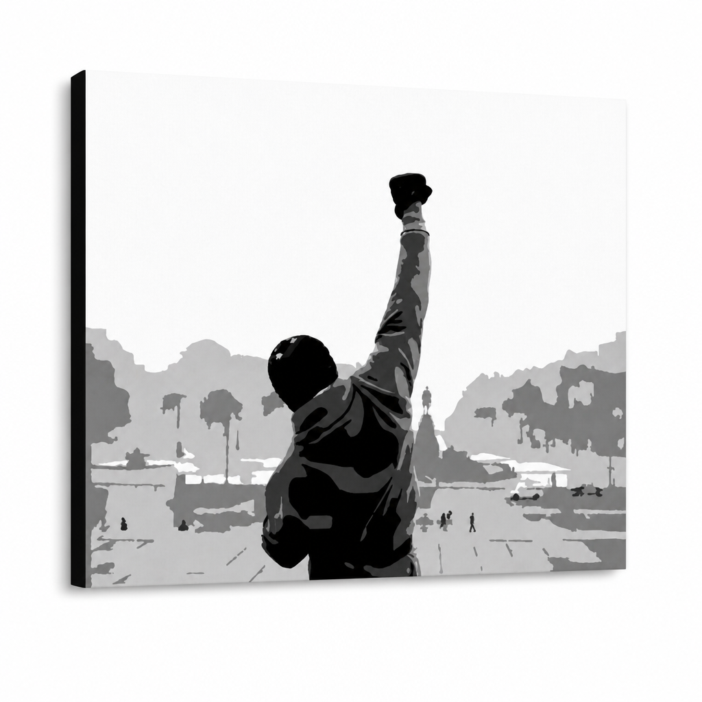 Χειροποίητος πίνακας ζωγραφικής POP Art ROCKY 1 κομμάτι rocky – Τρισδιάστατη απεικόνιση του χειροποίητα ζωγραφισμένου καμβά σε λευκό φόντο. Κυρίαρχα χρώματα: μαύρο, λευκό, γκρι.