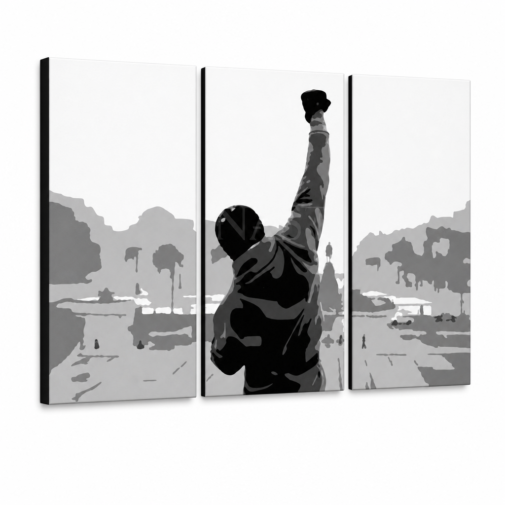 Χειροποίητος πίνακας ζωγραφικής POP Art ROCKY 3 τεμάχια rocky2 – Τρισδιάστατη απεικόνιση του χειροποίητα ζωγραφισμένου καμβά σε λευκό φόντο. Κυρίαρχα χρώματα: μαύρο, γκρι, λευκό.