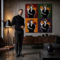 Χειροποίητος πίνακας ζωγραφικής POP Art Σημαδεμένος - AL PACINO 4 τεμάχια al36 – πίνακας σε μοντέρνο αντρικό εσωτερικό, lifestyle απεικόνιση. Κυρίαρχα χρώματα: μαύρο, πορτοκαλί, κόκκινο, πράσινο, μωβ.