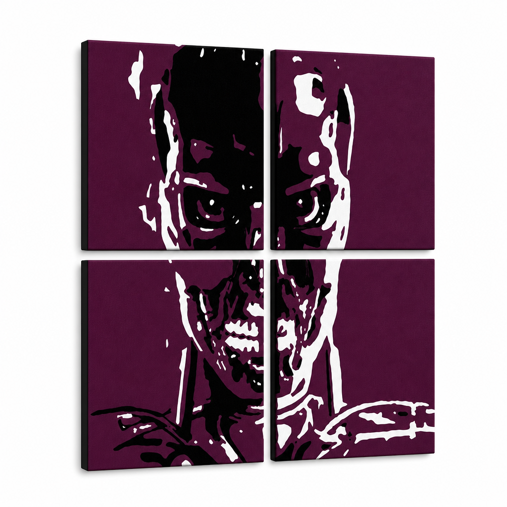 Χειροποίητος πίνακας ζωγραφικής POP Art TERMINATOR 4 piece ter – Τρισδιάστατη απεικόνιση του χειροποίητα ζωγραφισμένου καμβά σε λευκό φόντο. Κυρίαρχα χρώματα: μαύρο, λευκό, μωβ.