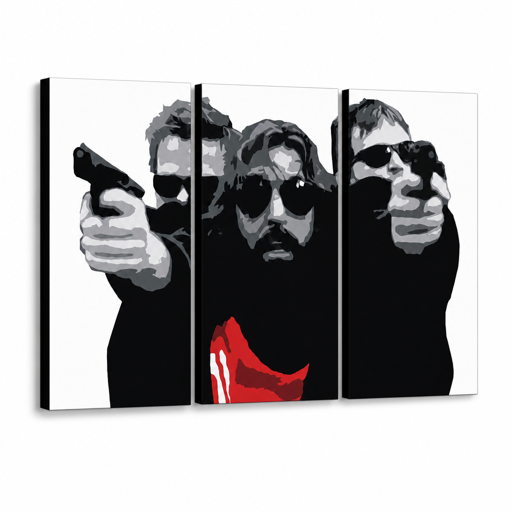 Χειροποίητος πίνακας ζωγραφικής POP Art The bondock saint 3 piece tbs – Τρισδιάστατη απεικόνιση του χειροποίητα ζωγραφισμένου καμβά σε λευκό φόντο. Κυρίαρχα χρώματα: μαύρο, λευκό, κόκκινο.