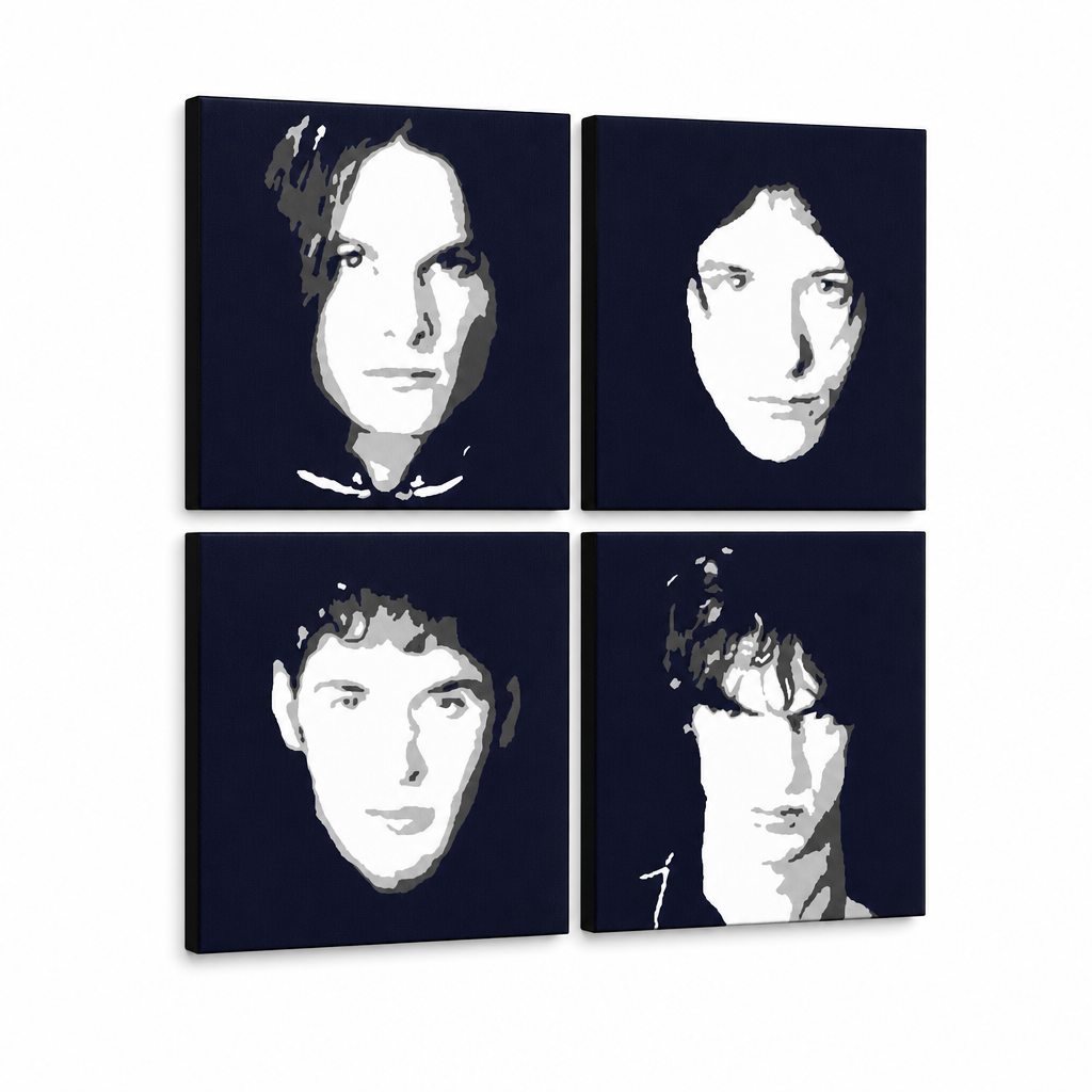 Χειροποίητος πίνακας ζωγραφικής POP Art The Vervet 4 piece tv – Τρισδιάστατη απεικόνιση του χειροποίητα ζωγραφισμένου καμβά σε λευκό φόντο. Κυρίαρχα χρώματα: μαύρο, λευκό, καφέ.