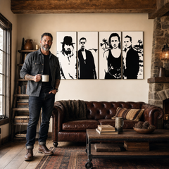 Χειροποίητος πίνακας ζωγραφικής POP Art U2 σε μαύρο 4 τεμάχια U22 – πίνακας σε μοντέρνο αντρικό εσωτερικό, lifestyle απεικόνιση. Κυρίαρχα χρώματα: μαύρο, λευκό.