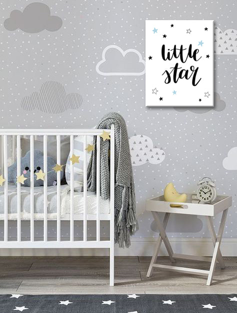 Εικόνα σε καμβά με θέμα μαύρο κείμενο little star με αστέρια – τρισδιάστατη απεικόνιση του καμβά με εμφανές ξύλινο τελάρο, Papilora.
