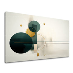 Εικόνα σε καμβά με θέμα αφηρημένες γεωμετρικές μορφές, χρυσό και πράσινο – τρισδιάστατη απεικόνιση του καμβά με εμφανές ξύλινο τελάρο, Papilora.
