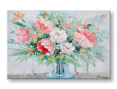 Εικόνα σε καμβά με θέμα ανθοδέσμη με ροζ και κόκκινα λουλούδια κρεμασμένη σε μοντέρνο κομψό εσωτερικό πάνω από ξύλινη κονσόλα με βάζο και κερί, Papilora.