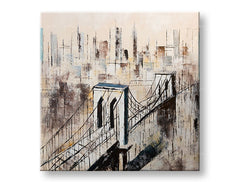 Εικόνα σε καμβά με θέμα γέφυρα και αστικό τοπίο κρεμασμένη σε μοντέρνο κομψό εσωτερικό πάνω από ξύλινη κονσόλα με βάζο και κερί, Papilora.