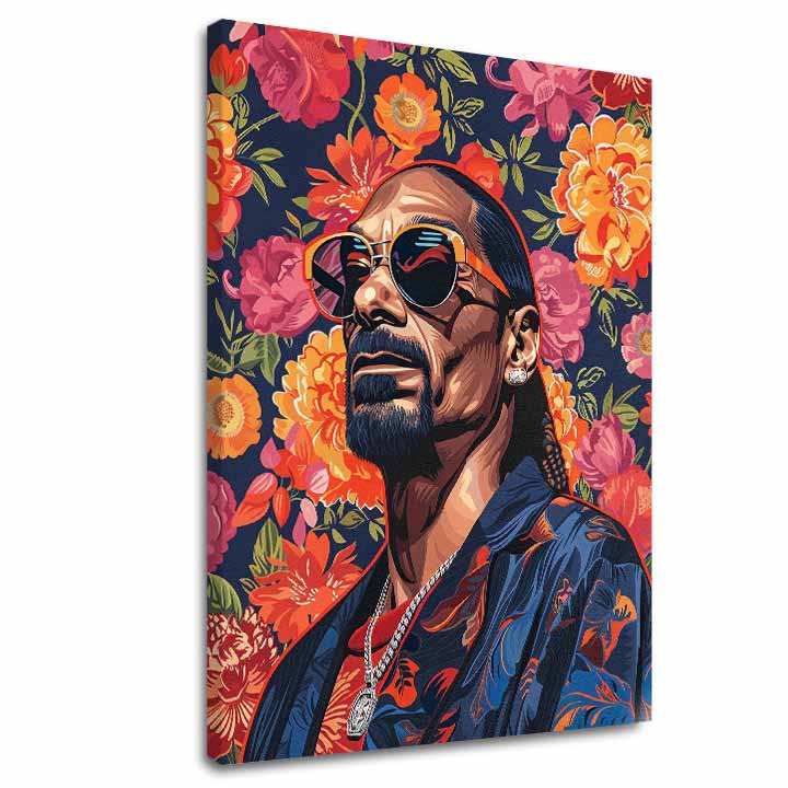 Εικόνα σε καμβά με θέμα πορτρέτο του snoop dogg με λουλούδια – τρισδιάστατη απεικόνιση του καμβά με εμφανές ξύλινο τελάρο, Papilora.