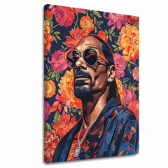 Εικόνα σε καμβά με θέμα πορτρέτο του snoop dogg με λουλούδια – τρισδιάστατη απεικόνιση του καμβά με εμφανές ξύλινο τελάρο, Papilora.