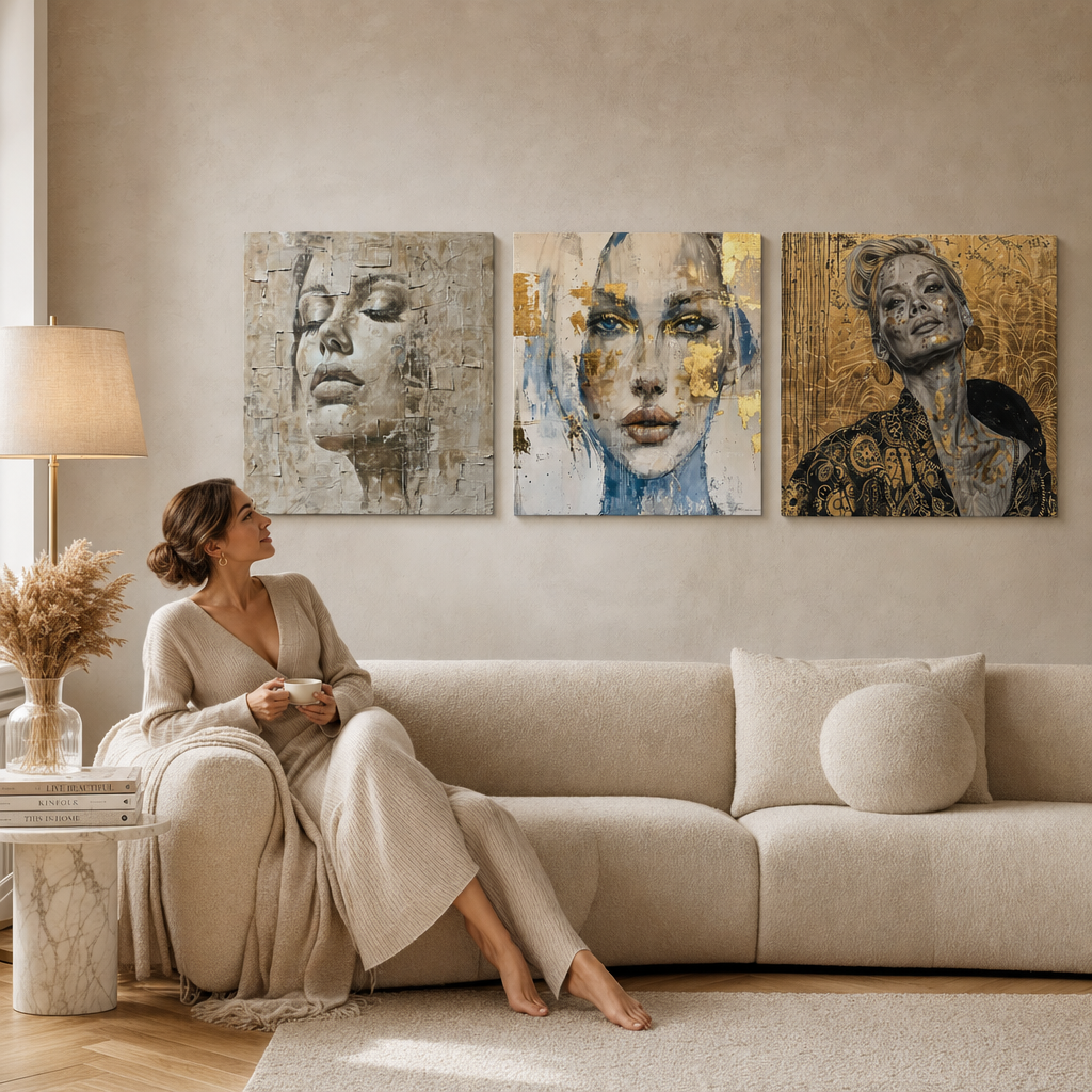 Set 3 obrazov Mystická žena – Bohyňa, Pohľad, Sebadôvera – gallery-wrap plátna nad sedačkou v elegantnej obývačke