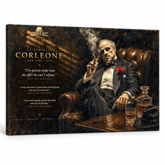 Πίνακας με τον Don Vito Corleone σε καμβά, μια εμβληματική σκηνή με ουίσκι για premium διακόσμηση από την Papilora.