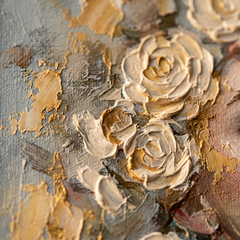 Macro λήψη της ανάγλυφης υφής impasto και χρυσών λεπτομερειών σε χειροποίητο πίνακα με λουλούδια.