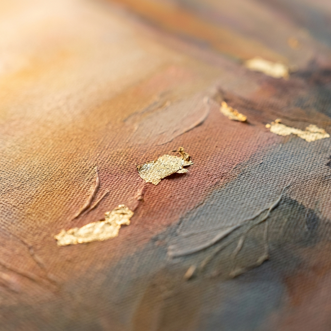 Macro λήψη της ανάγλυφης υφής impasto με χειροποίητες ακρυλικές πινελιές πάνω στον καμβά, που προσδίδουν βάθος και αυθεντικότητα σε κάθε έργο Papilora.