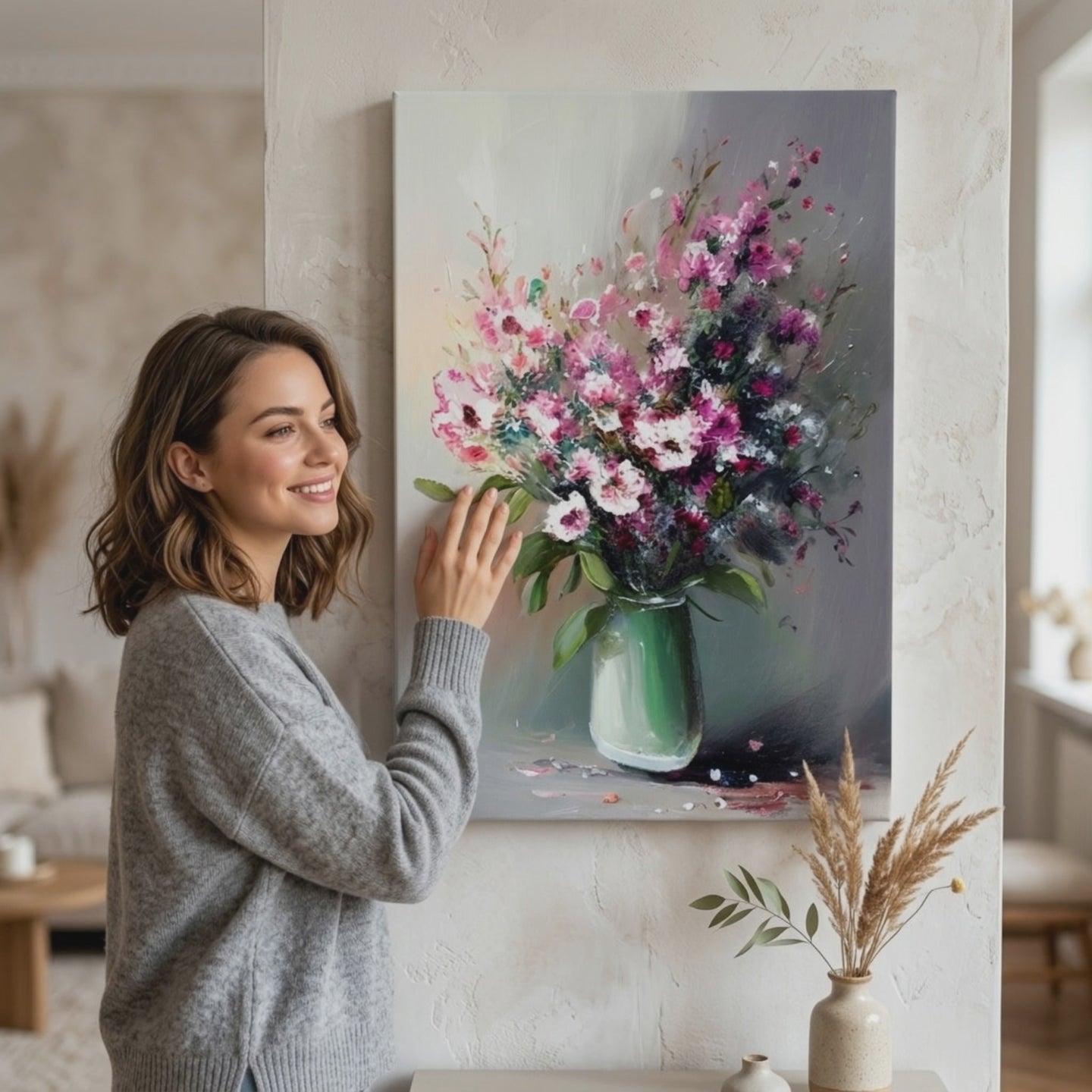 Σχεδιασμός διακόσμηση σε καμβά Floral φαντασία σε ένα βάζο – διαφορετικές διαστάσεις. Μοντέρνος διακοσμητικός τοίχου, πίνακας σε καμβά για σαλόνι, μια γυναίκα θαυμάζει το έργο σε κομψό φωτεινό εσωτερικό. Papilora (XOBMDFL004E1).