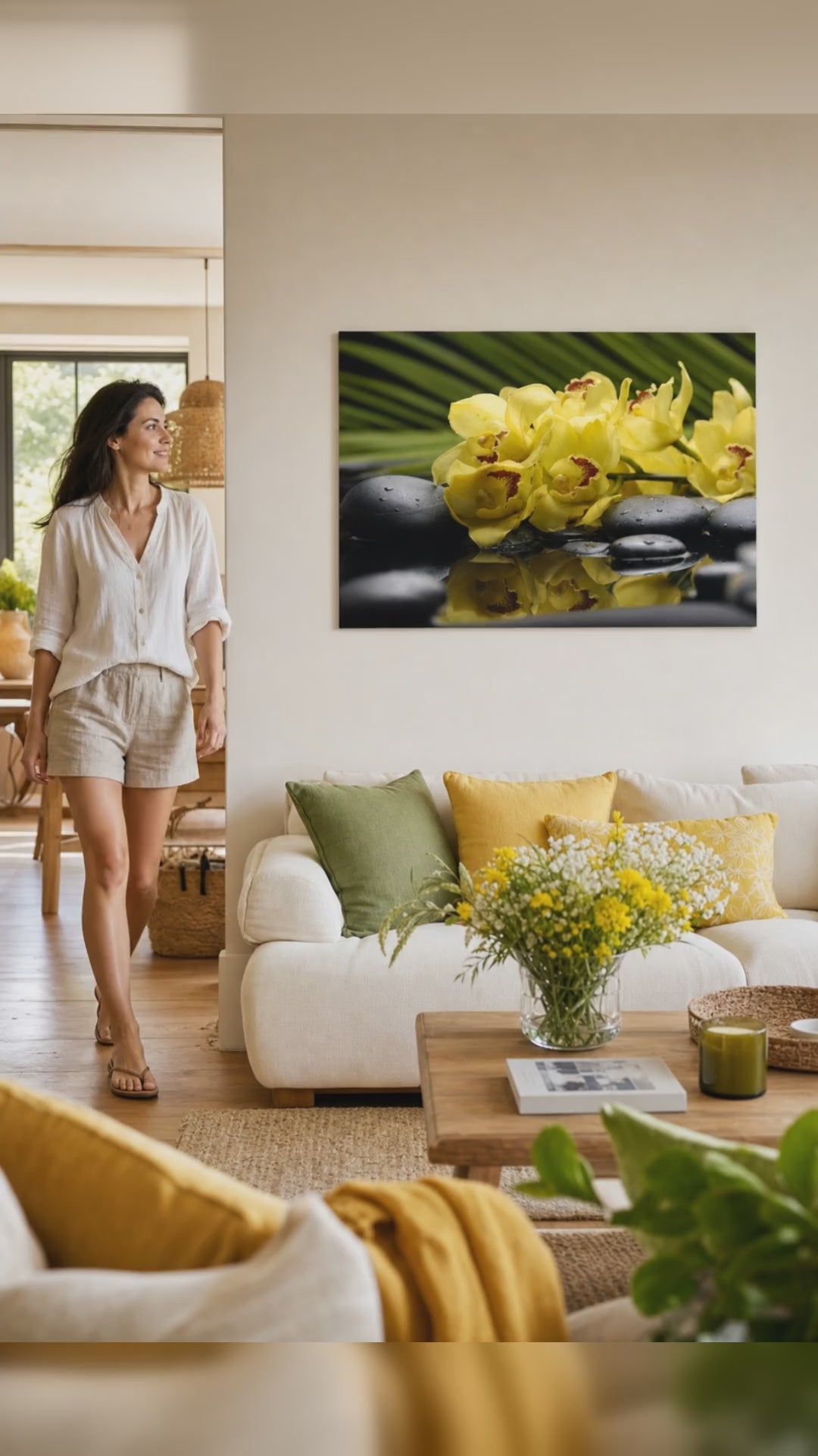 Τέχνη τοίχου FENG SHUI. Μοντέρνος διακοσμητικός τοίχου, πίνακας σε καμβά για σαλόνι, μια γυναίκα θαυμάζει το έργο σε κομψό φωτεινό εσωτερικό. Papilora (XOBFS012E11).