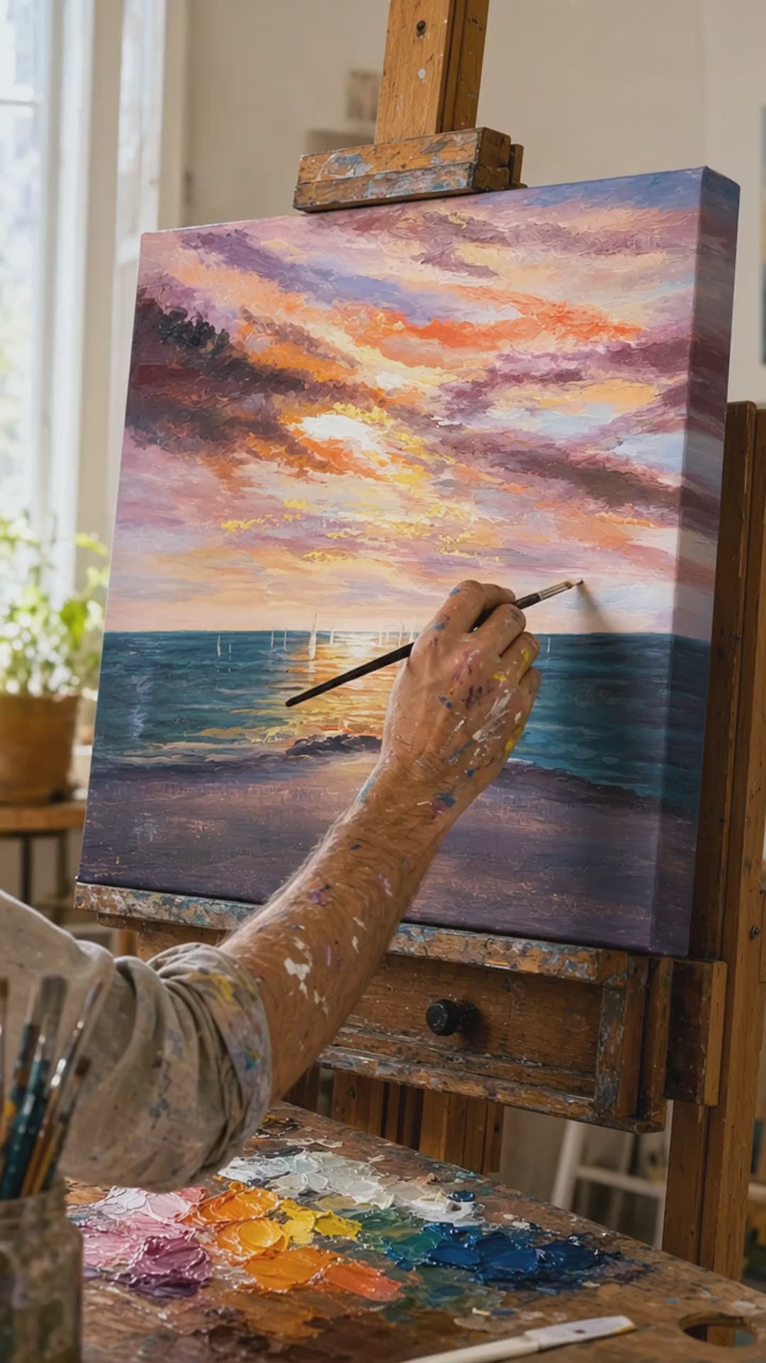 Ζωγραφισμένος πίνακας τοίχου WEST SLNKA 1-μέρος 70x60 cm. Ζωγραφισμένος στο χέρι πρωτότυπος πίνακας σε καμβά, αυθεντική διακόσμηση εσωτερικού, μια γυναίκα θαυμάζει το έργο σε κομψό φωτεινό εσωτερικό. Papilora — Crafted for Home (CFAZH6434E1).