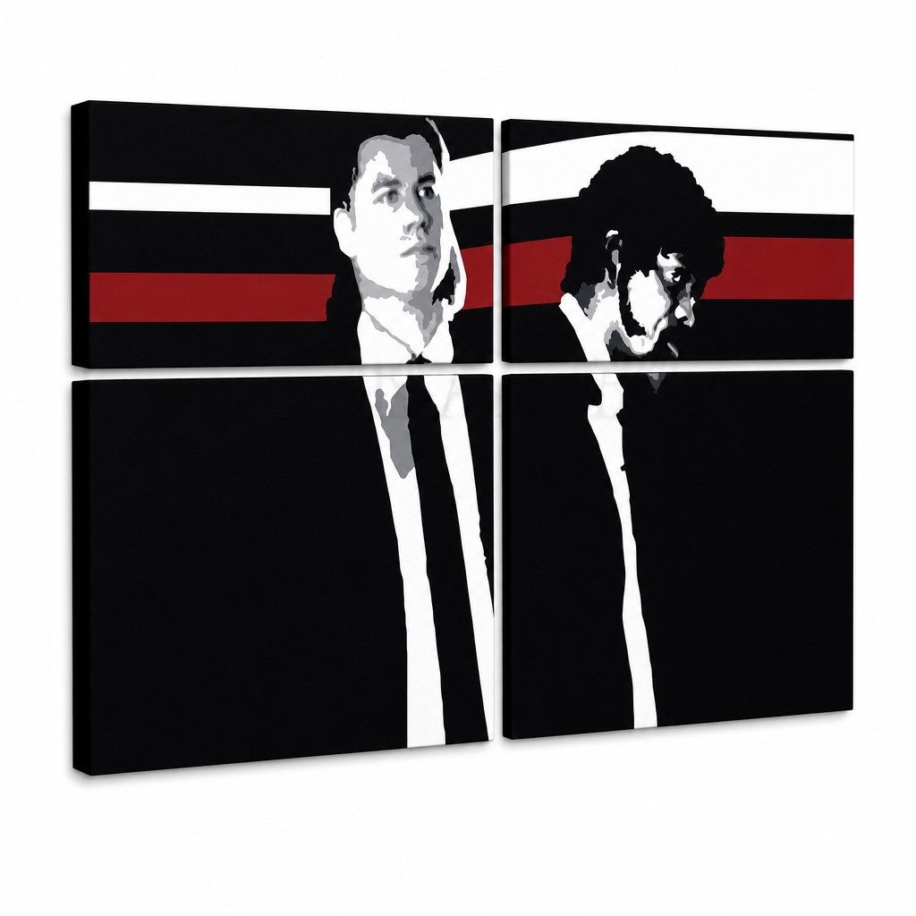Quadro POP Art dipinto a mano Pulp Fiction 4 pezzi pulp – Visualizzazione 3D del quadro dipinto a mano su sfondo bianco. Colori dominanti: nero, rosso, bianco, grigio, marrone.
