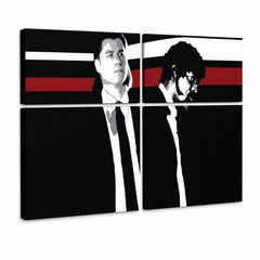 Quadro POP Art dipinto a mano Pulp Fiction 4 pezzi pulp – Visualizzazione 3D del quadro dipinto a mano su sfondo bianco. Colori dominanti: nero, rosso, bianco, grigio, marrone.
