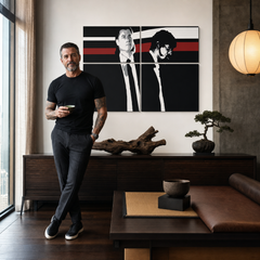 Quadro POP Art dipinto a mano Pulp Fiction 4 pezzi pulp – quadro in un moderno interno maschile, visualizzazione lifestyle. Colori dominanti: nero, rosso, bianco, grigio, marrone.