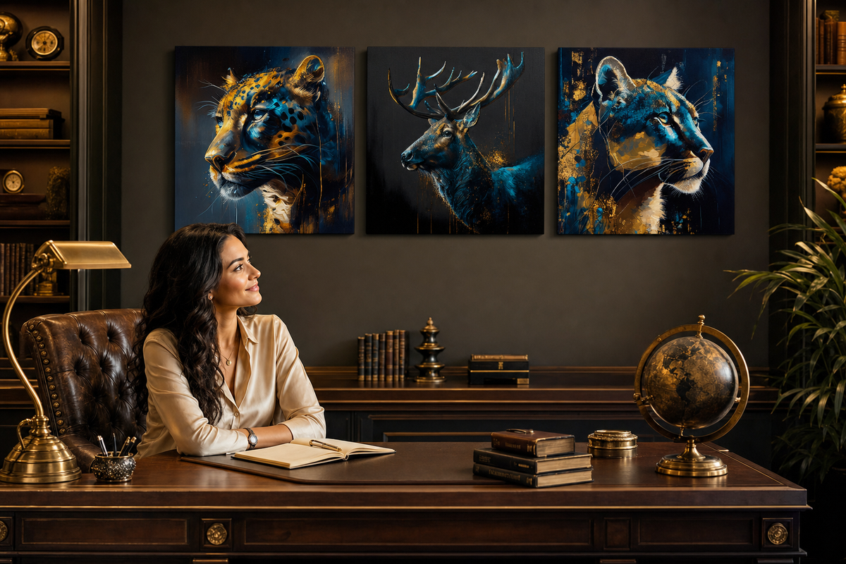 Set 3 obrazov Safari Gold – Jaguár, Jeleň, Puma – gallery-wrap plátno v luxusnej pracovni