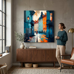 Εικόνα σε καμβά με θέμα πολύχρωμος δρόμος πόλης με ανθρώπους κρεμασμένη σε μοντέρνο κομψό εσωτερικό πάνω από ξύλινη κονσόλα με βάζο και κερί, Papilora.