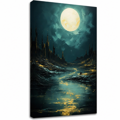 Obraz Mesiac nad tajomnými skalami – nočná zlato-tyrkysová scéna, 3D canvas gallery-wrap plátno ručne dotvorené akrylom