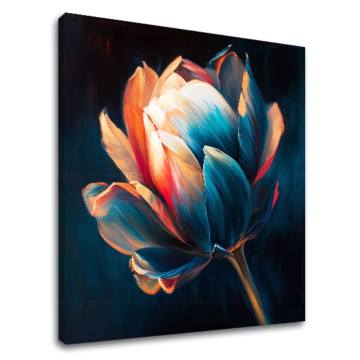 Εικόνα σε καμβά με θέμα λουλούδι με μπλε και πορτοκαλί πέταλα – τρισδιάστατη απεικόνιση του καμβά με εμφανές ξύλινο τελάρο, Papilora.