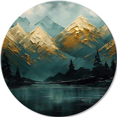 Χειροποίητη premium ζωγραφική σε καμβά με χρυσές πινελιές με θέμα βουνά με χρυσές κορυφές και λίμνη – τρισδιάστατη απεικόνιση του καμβά με εμφανές ξύλινο τελάρο, Papilora.