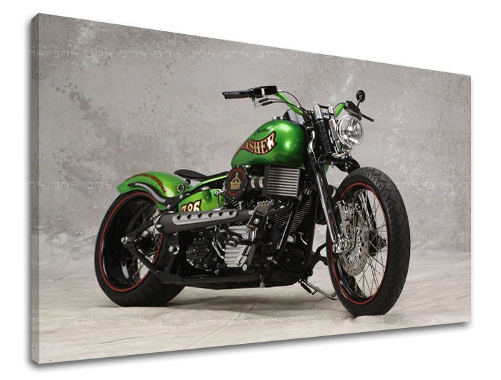Εικόνα σε καμβά με θέμα πράσινη μοτοσικλέτα chopper – τρισδιάστατη απεικόνιση του καμβά με εμφανές ξύλινο τελάρο, Papilora.